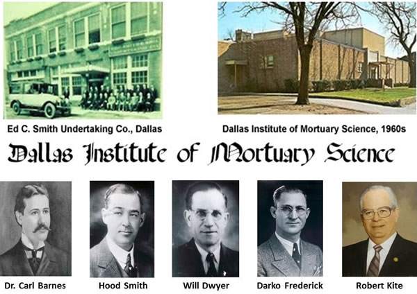 Newspaper style image of two buildings and black and white images of all the founders