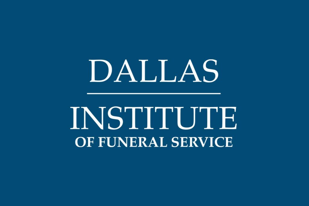 White logo on dark blue background. Logo says Dallas Institute of Funeral Service.